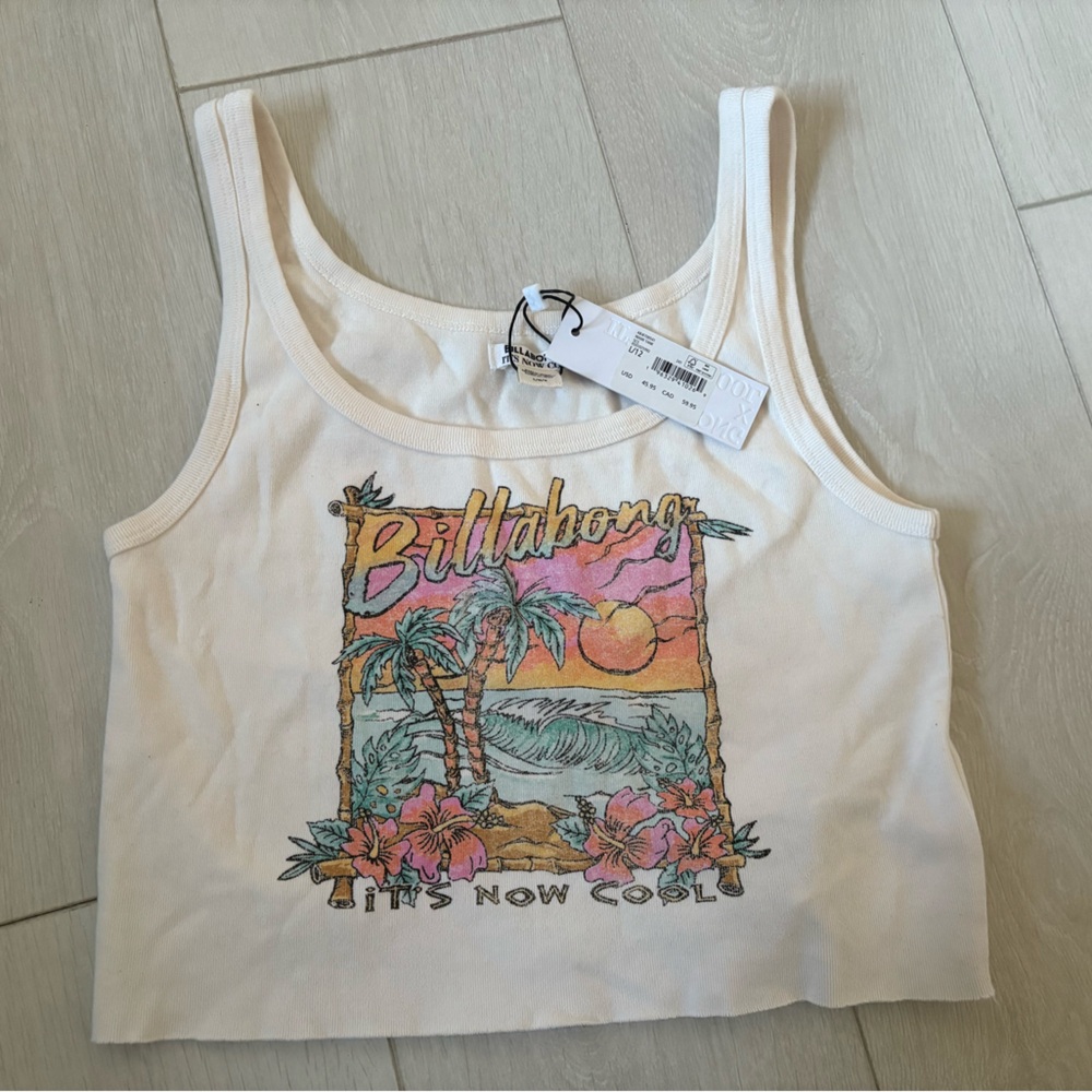 Billabong White Tank Top with Tropical Graphic size large